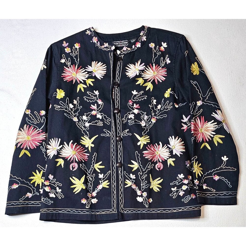 Ikon Women Large Embroidered Floral Black Jacket With Button Front Made In India